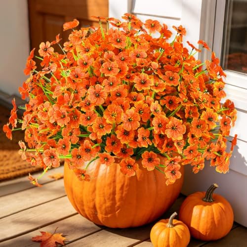 24PCS Artificial Fall Flowers for Outdoors, Fake Mums, Orange