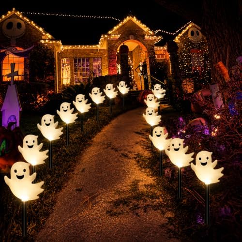20 Pack Solar Halloween Ghost Pathway Lights, 3D Solar Lights