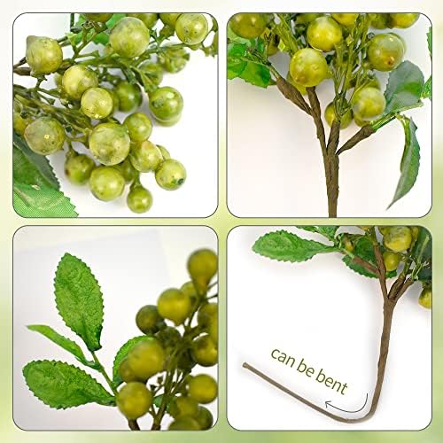 4 Pcs Artificial Dark Green Berries, Lifelike Greenberry Stems Faux Fruit Fake Flowers for Wedding Home Kitchen Party Crafts Decoration