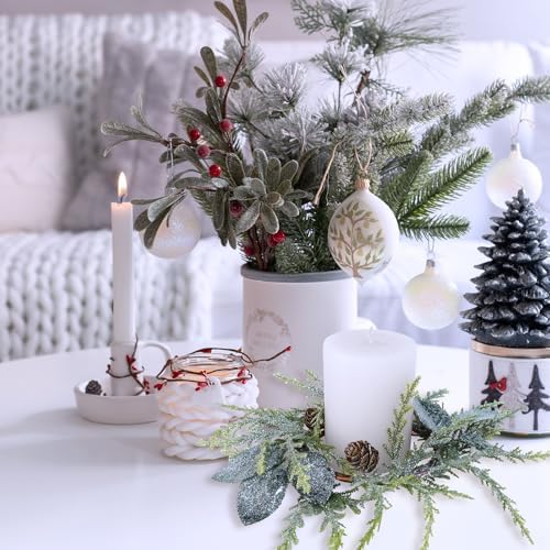 Winlyn 4 Pcs Frosted Artificial Pine Candle Rings Christmas Candle Holder Rings Small Faux Pine Wreaths with Pinecones and Green Leaves 11.8" for Farmhouse Holiday Winter Mantel Kitchen Cabinet Décor