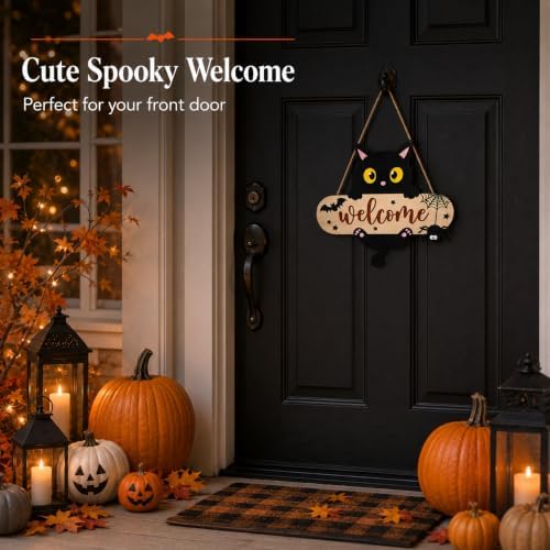 Halloween Welcome Sign, Black Cat Hanging Door Decor for Porch Wall Yard