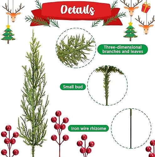 30 Pcs/Set Christmas 3D Artificial Pine Branches- 12.5 Inch Faux Evergreen Cedar Sprigs Branches- Fake Foliage Pine Needles Picks with Artificial Red Berry Stems for DIY Christmas Decoration