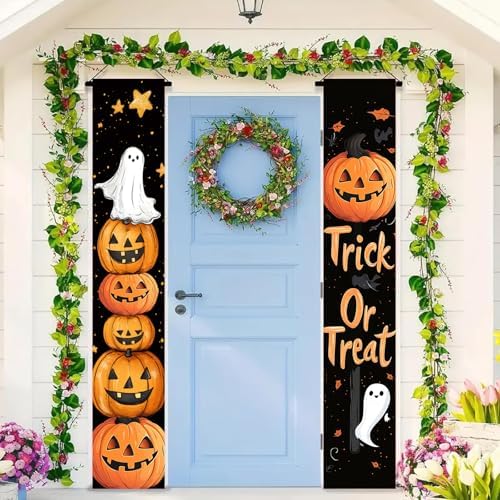 BlissYard Halloween Porch Banner 12x71 Inch Trick or Treat Door Sign Jack O Lantern Pumpkin Outdoor Hanging Decoration Happy Halloween Vertical Yard Flag for Home Party Entryway