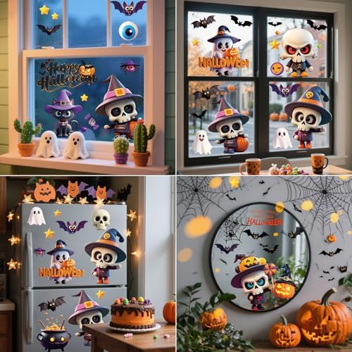 AhfuLife 95Pcs Halloween Window Clings, 9 Sheets Reusable Halloween Skeleton Window Stickers Cute Stickers for Kids Home Window Indoor Party Decorations