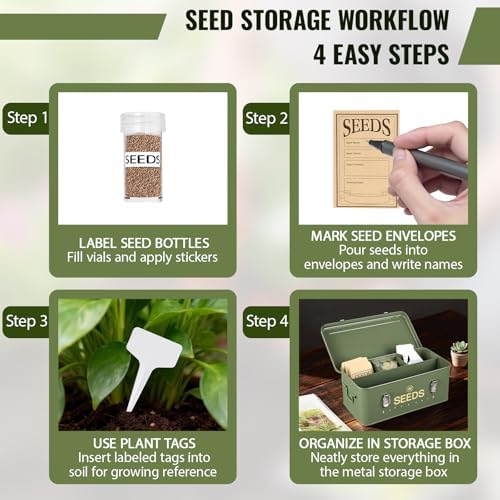 Metal Seed Storage Box with Safety Locks, Large 4-Compartment Seed Organizer Kit with 30 Envelopes, 30 Plant Labels & 5 Plastic Bottles1 Mark Pen, Lockable Seed Saving Bin for Gardeners