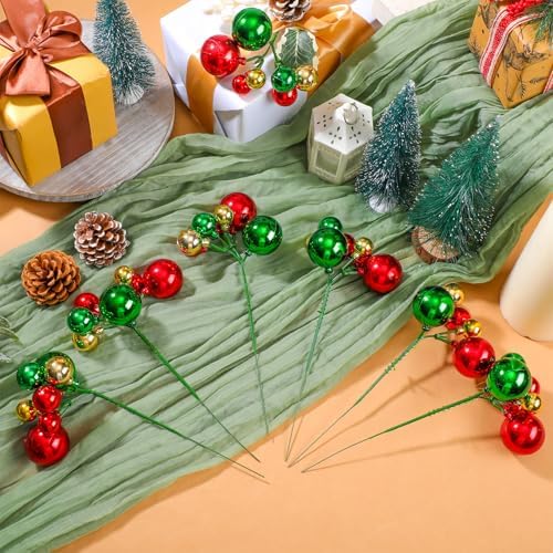 Daifunli 12 Pcs Red Green and Gold Christmas Tree Picks 7.87 Inch Christmas Balls Ornaments Xmas Decorations for Xmas Tree Topper DIY Wreath Holiday Floral Vase Fillers Crafts Home Decor