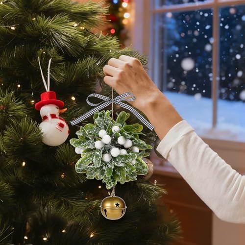 Forwe Mistletoe Christmas Decor Artificial Mistletoe Kissing Ball Ornament with Bell Bow Berries Hanging Christmas Decorations for Doorway Arch Light Fixture Xmas Tree (White)