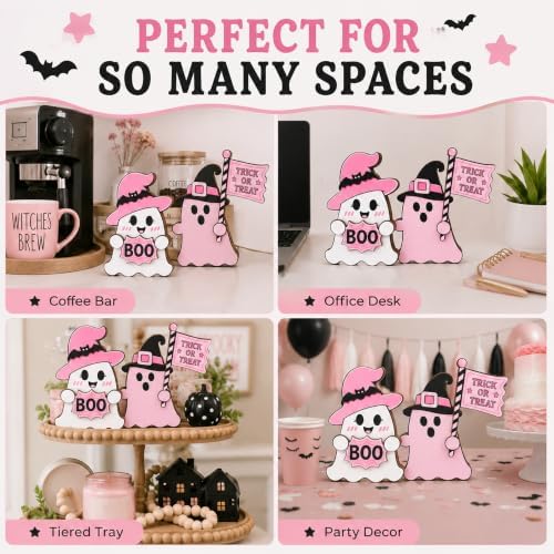 2pcs Ghost Pink Halloween Decor, Trick or Treat Wooden Plaque (Cute Ghost)
