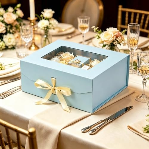 5 Pcs Blue Gift Box for Presents with Ribbon 13.2x11x5.3 Inches Clear Gift Box with Window Magnetic Closure Gift Boxes with Lids
