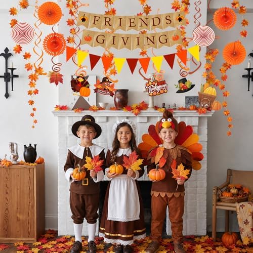 Famoby FRIENDSGIVING Paper Banner Triangular Bunting Maple Leaf Garland Plastic Streamer Paper Fans for Autumn Harvest Thanksgiving Day Party Decoration (Not Burlap)
