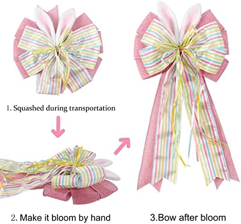 Easter Bows for Wreaths Decorations,Easter Tree Topper Bow,Decorative Bow with Bunny Ears Pink Burlap for Spring Home Front Door Outdoor