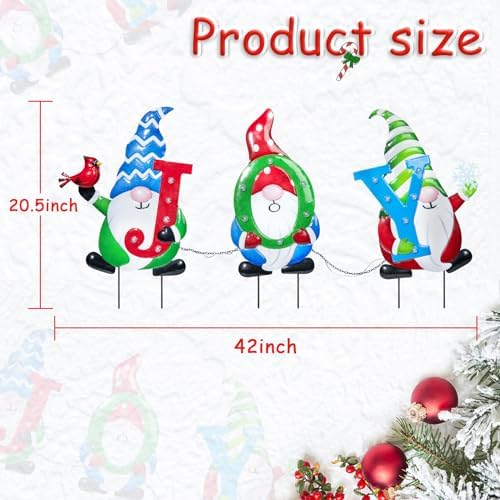 WONDER GARDEN Christmas Yard Stakes, 3 PCS Metal Yard Signs, Xmas Gnomes with Joy and Led Light Christmas Yard Decorations for Lawn Party Decorations