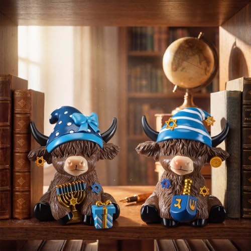 Karenhi 2 Pcs Highland Cow Figurines Resin, Hanukkah Decor for Home Desk