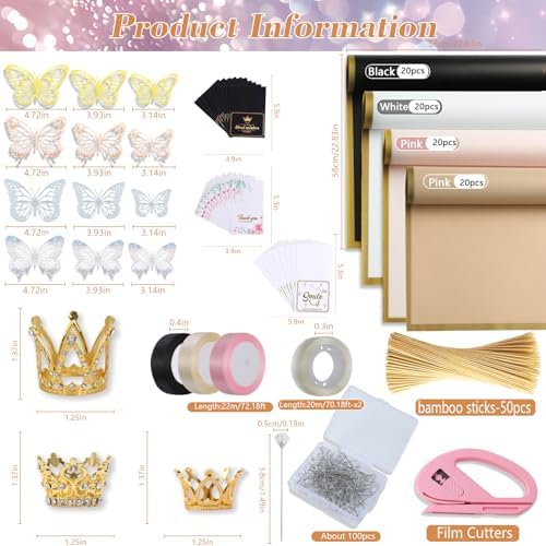 Majreey Floral Wrapping Paper Kit, 80Sheet Waterproof Floral Paper, 3Rolls Ribbon for Flower Bouquet, 2Rolls Transparent Tape,100Pcs Flower Pins, 48Pcs 3D Butterflies, 9Pcs Crowns for Florist Wrapping