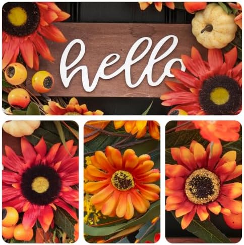 24 Inch Artificial Fall Wreaths for Front Door Outside with Hello Sign''