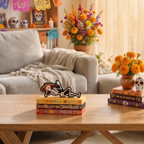 Smile Dia de Los Muertos Wooden Book Stack Decor