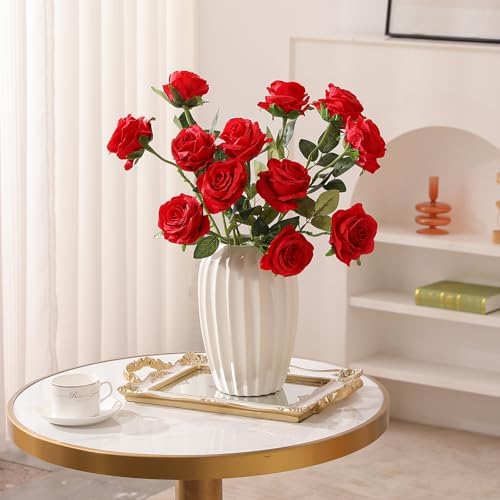 Red Fake Roses Artificial Flowers - 10 Pcs Fake Artificial Roses Silk Flowers with Stems for Home Wedding Hotel Office Centerpiece Decor