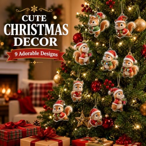9pcs Christmas Hanging Ornaments Cartoon Craft Supplies Cute Squirrel Designs 2D Acrylic Christmas Hanging Decorations Mini Animal Holiday Hanging Ornaments for Party Accessories