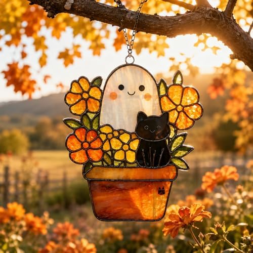Cute Black Cat Ghost Fall Halloween Suncatcher, Black Cat & Ghost in Flower Pot Decorative Hanging Ornaments, Stained Glass Style Acrylic Halloween Ornaments, Autumn Home Window Hanging Decor