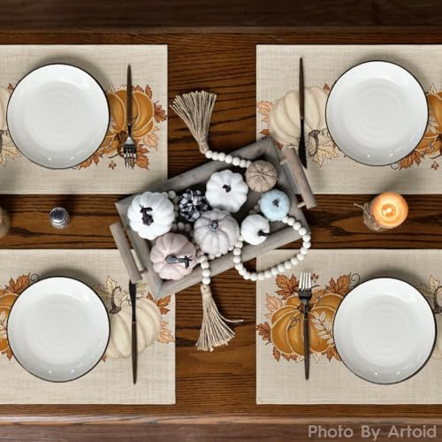 Artoid Mode Orange Pumpkin Leaves Fall Placemats Set of 4-12 x 18 Inch