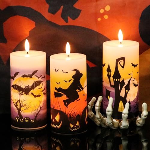 Halloween Flameless Pillar Candles Battery Operated Remote Timer