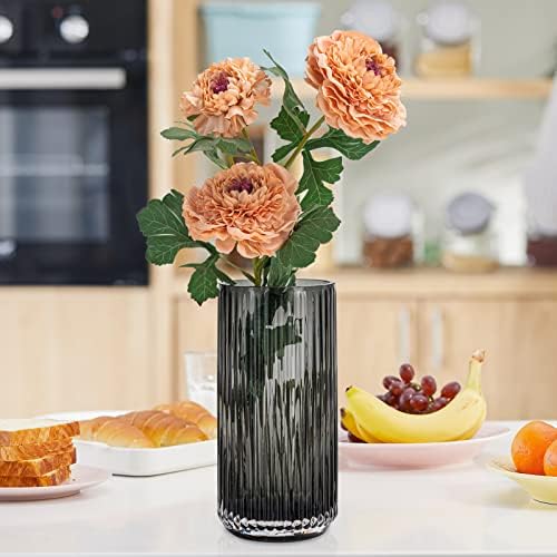 TIMEFOTO Flower Vase 7.5 inch Grey Thickened Hand Blow Glass Vase Round Vintage Striped Bottles for Bookshelf,Dinner Table,Indoor Office Desktop,Meeting Room,Bathroom,Countertop,Home