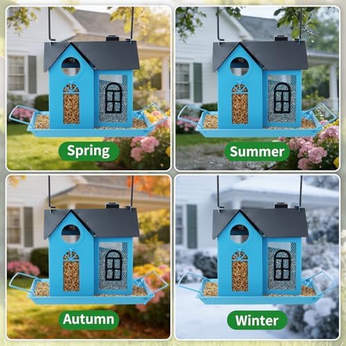 Solar Bird Feeder for Outdoors - Blue Metal Hanging Bird Feeder with Solar Light, Decorative for Wild Cardinals, Finches, Weatherproof Backyard Garden Decor Ideal Gift for Women Mom Grandma