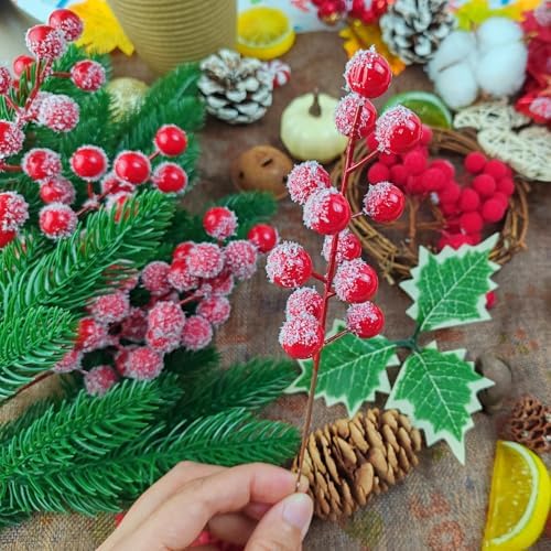 RONYOUNG 32PCS 9" Artificial Holly Berry Stems Christmas Berry Picks Sprays Snowy Fake Red Berries for Christmas Tree Branches Fillers Ornaments Valentine DIY Crafts Wedding Home Party Winter Decor