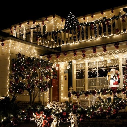 TW SHINE Christmas Lights, 200 LED 66FT Outdoor Christmas Lights Plug in with 8 Modes, Waterproof Light Outdoor, Indoor Xmas Decorations for Party Yard House Decor, Warm White