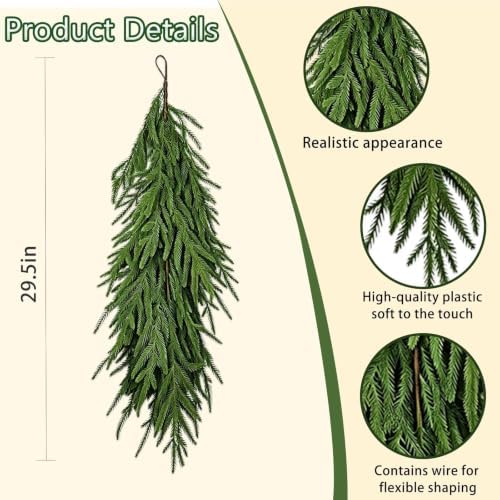 2pcs Artificial Christmas Swag 29.5" Faux Norfolk Pine Needles Cedar Teardrop Hanging Plants Wreath Fake Ivy Leaves Decoration Fern Vine Xmas Holiday Mantle Fireplace Winter Decor