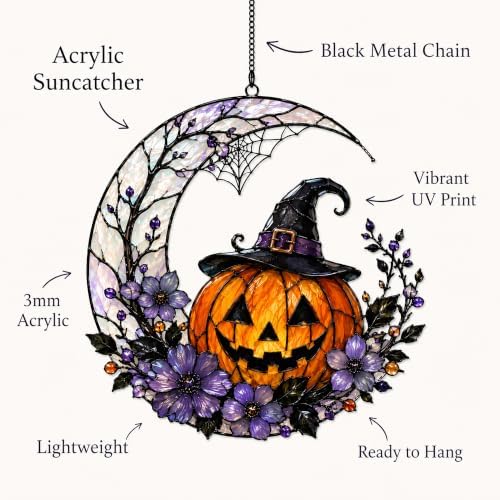 Halloween Window Decor, Witch Hat Jack O Lantern Pumpkin Moon Suncatcher