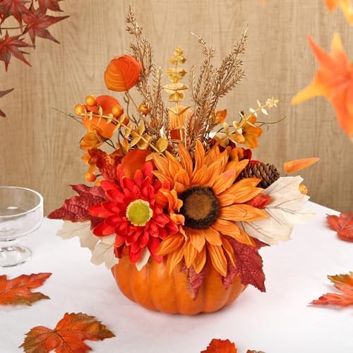 Artificial Pumpkin Fall Décor - Autumn Table Centerpieces with Red Faux Flowers, Maple Leaves, Sunflowers, Pumpkin – Halloween, Thanksgiving & Harvest Home Decoration