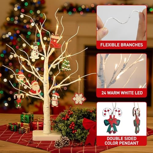 EAMBRITE Lighted Birch Tree with Ornaments, Small White Christmas Trees