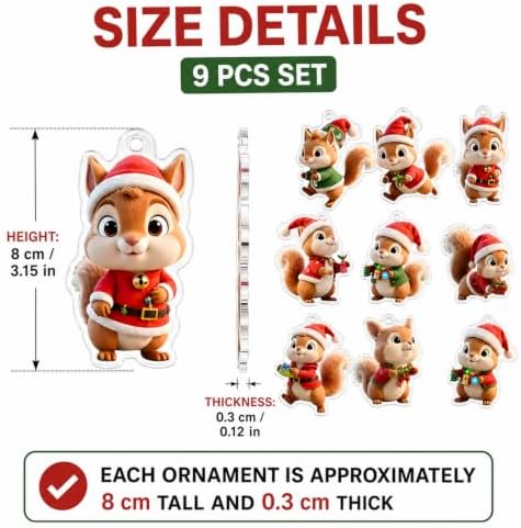 9pcs Christmas Hanging Ornaments Cartoon Craft Supplies Cute Squirrel Designs 2D Acrylic Christmas Hanging Decorations Mini Animal Holiday Hanging Ornaments for Party Accessories