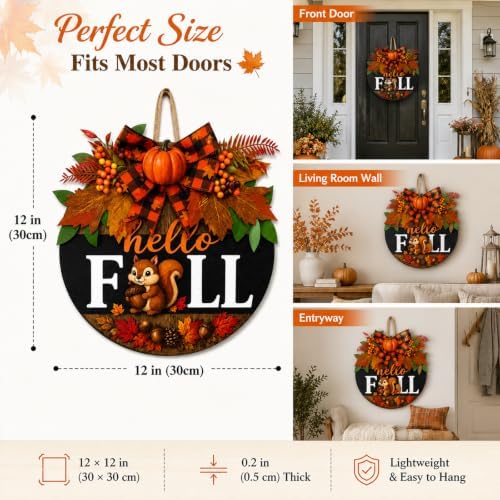 Fall Wreaths for Front Door Hello Fall Squirrel Door Hanger Thanksgiving Decor (Cute Hello Fall)
