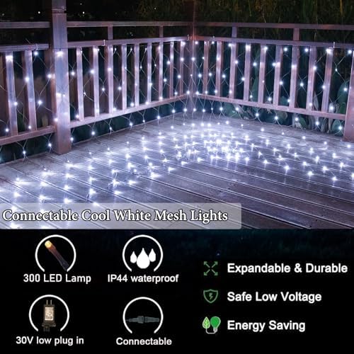 OYCBUZO 300LED Net Lights, 14.8ft x 5ft Connectable Christmas Net Lights 8 Modes, Waterproof Mesh Lights Plug in for Bushes Xmas Tree Holiday Garden Wedding Outdoor Party - Cool White
