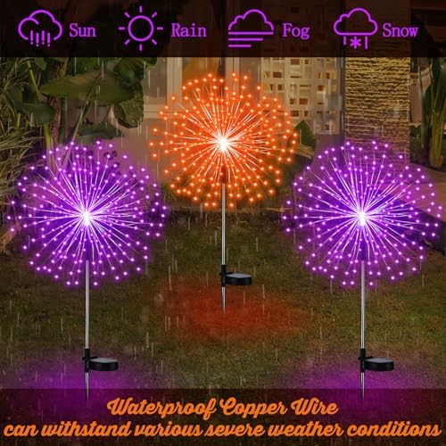 Tujoe 4 Pack Halloween Solar Firework Lights Decoration Orange, Purple