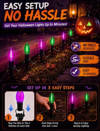 Halloween Pathway Lights with 10 Green and Purple C9 LED Stakes