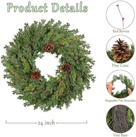 Real Touch Pine Christmas Wreath 24 Inch Christmas Wreaths for Front Door Winter Wreath Artificial Green Wreaths Outdoor Christmas Decorations Indoor Outside Window Home Holiday Thanksgiving