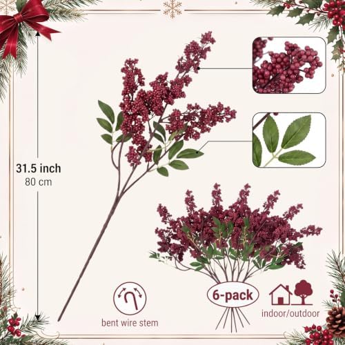 6 Pcs 31.5 Inch Artificial Nandina Burgundy Berry Stems for Vase