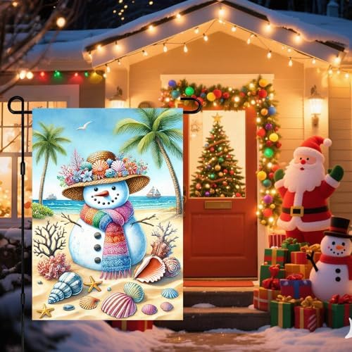 BlissYard Winter Garden Flag Beach Snowman Coastal Scene 12 x 18 Inch