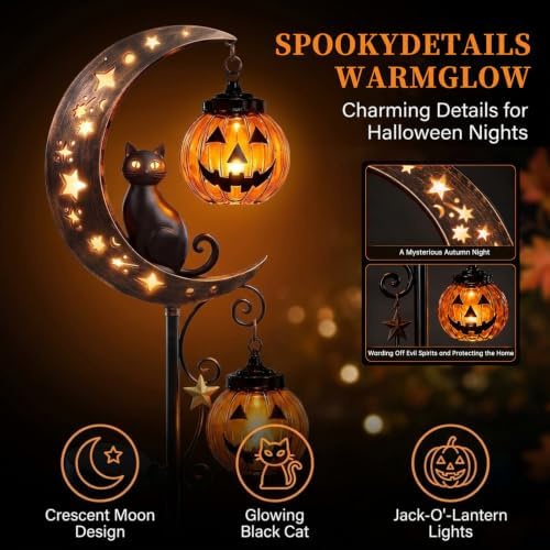 Solar Halloween Black Cat & Pumpkin Moon Garden Stake Light, Jack-o'-Lantern Lantern Solar Outdoor Waterproof LED Yard Decoration with Crescent Moon, for Garden, Patio (Style A A)