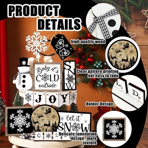 Fairysandy 15 Pcs Christmas Snowman Tiered Tray Decor Winter Wooden Sign