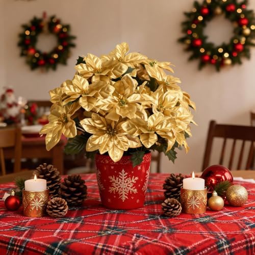 3 Pack Artificial Poinsettia Bushes – 9.8" Faux Gold Poinsettia Bouquets with 7 Heads Each, Christmas Artificial Flowers for Holiday Tree, Table Centerpiece, Indoor Outdoor Décor, DIY Table Runner