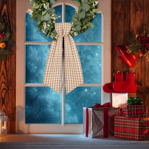 2 Pack Wreath Sash for Front Door Boxwood Wreath Sash Garland Front Door Porch Decor(White and Beige Plaid)