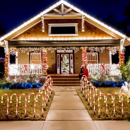 2 Set 24 Pack Upgraded Solar Christmas Candy Cane Lights, 18.6 Inch 144LED Outdoor Pathway Stake Lights with 8 Modes, Solar Candy Cane Lights for Decor Lighting Walkway Yard Garden Xmas Decorations