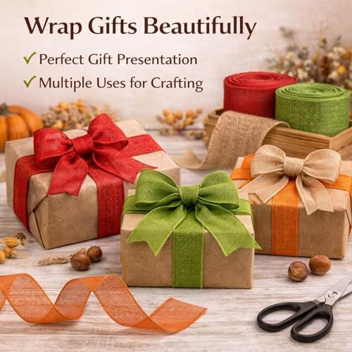 6 Rolls Fall Burlap Ribbon, 30 Yards, 2.5 in Wired Edge, 6 Colors