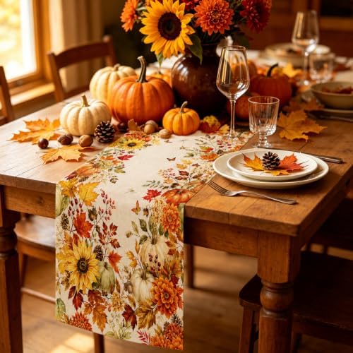 Fall Table Runner 13×72 in with Fall Decor Pumpkin, Sunflower&Leaf