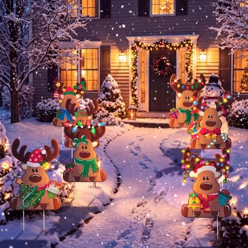 Weysat 9 Pcs Reindeer Christmas Yard Signs with Stakes, Elk Decoration