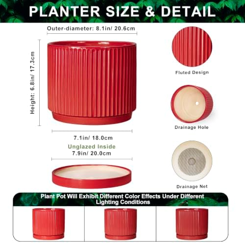 Ceramic Pots for Plants, 8 Inch Plant Pots with Saucer, Red